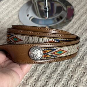 Leather Belt with Woven Fabric Inlay and Coin Embellishments